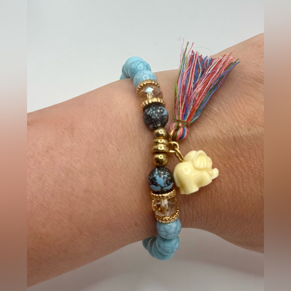 Turquoise Beaded Bracelet with Elephant Charm